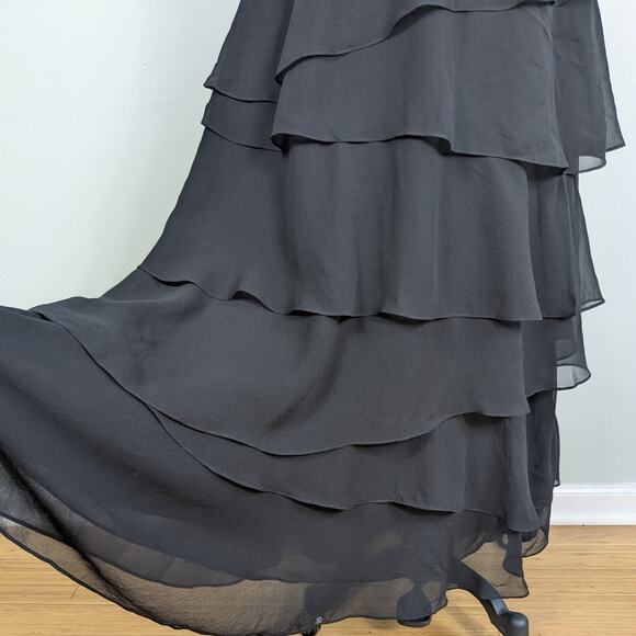 Y2K BCBG Silk Prom Dress Maxi Gown 2 Black Silk Ruffle Glam Grunge Layered Vtg - Picture 11 of 15